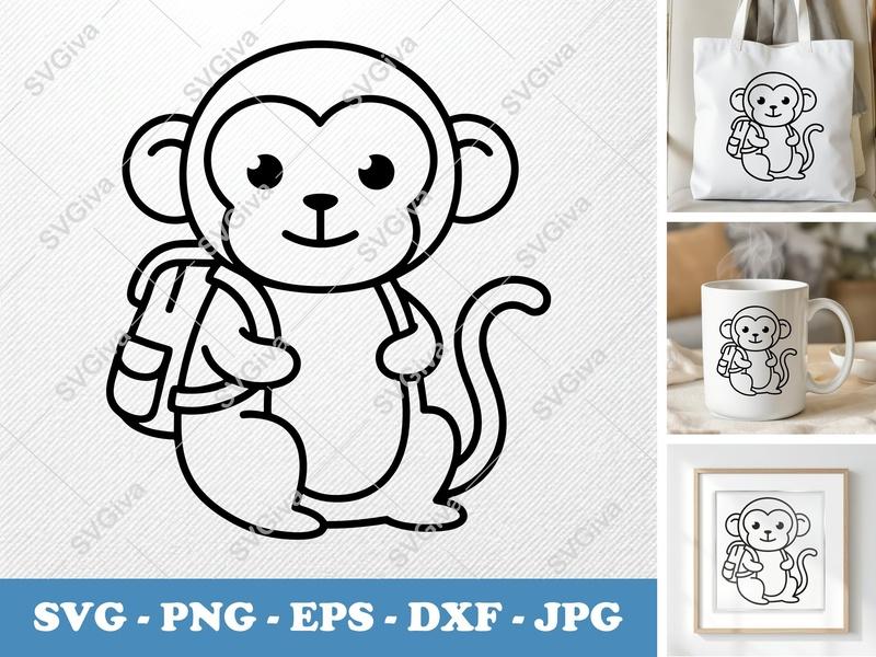 Monkey wearing backpack SVG | Cute Cartoon Rounded Body Design | PNG DXF EPS | Cricut Silhouette File