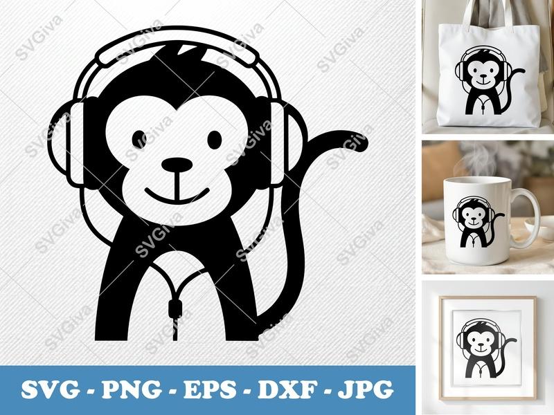 Monkey wearing headphones SVG | Minimalist Vector Cut File | PNG DXF EPS | Cricut Silhouette Ready
