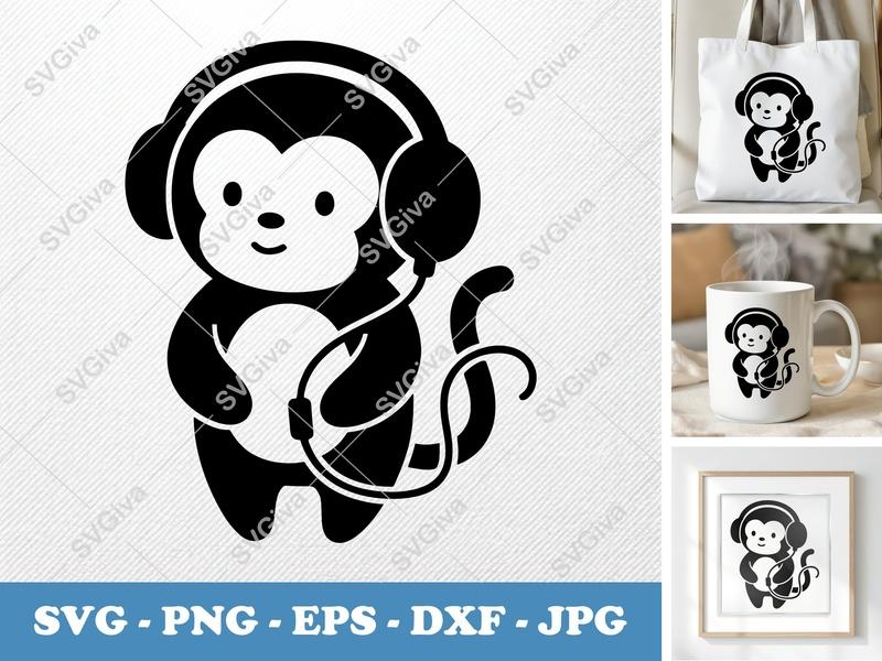 Monkey wearing headphones SVG | Puffy Cartoon Critter Cut File | Inflated Pillow Soft Design PNG DXF EPS | Cricut Silhouette