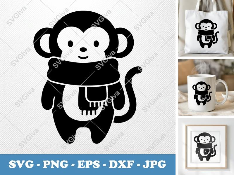 Monkey wearing Scarf SVG, Puffy Pillow-Soft Shapes, PNG, DXF, EPS | Cricut & Silhouette File