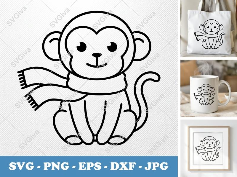 Monkey Wearing Scarf SVG | Rounded Bean-Shaped Forms Friendly Design | PNG DXF EPS | Cricut Silhouette Cut File