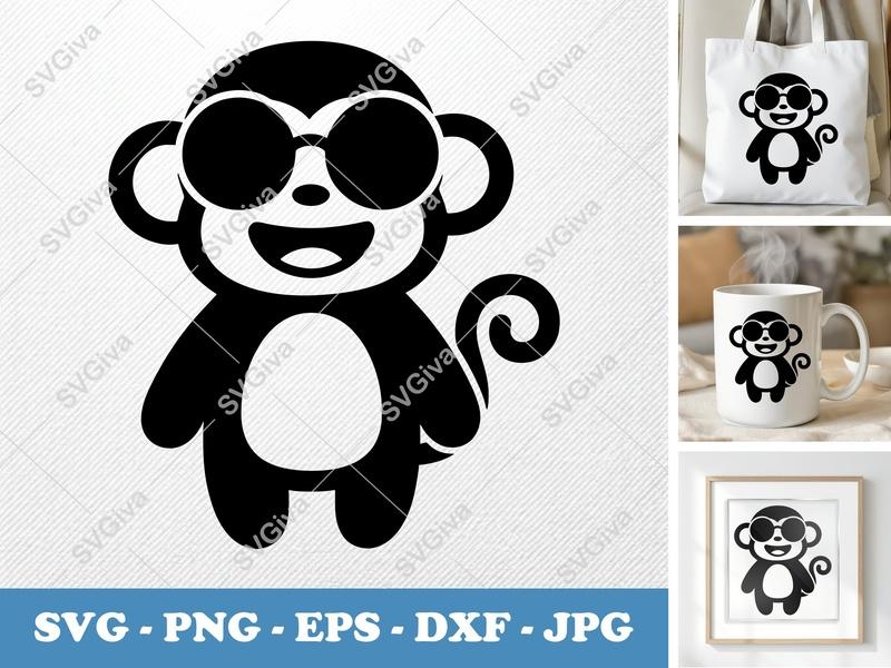 Monkey Wearing Sunglasses SVG | Cartoon Minimalist Cut File | Bold Contour PNG DXF EPS | Cricut Silhouette Design