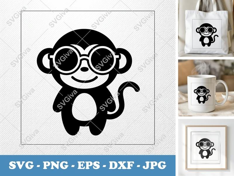 Monkey wearing sunglasses SVG | Friendly Rounded Bean-shaped Monkey | PNG DXF EPS | Cricut Silhouette Cut File