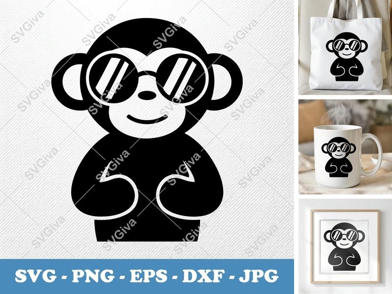 Monkey wearing sunglasses SVG | Puffy Inflated Design | PNG DXF EPS | Cricut Silhouette File