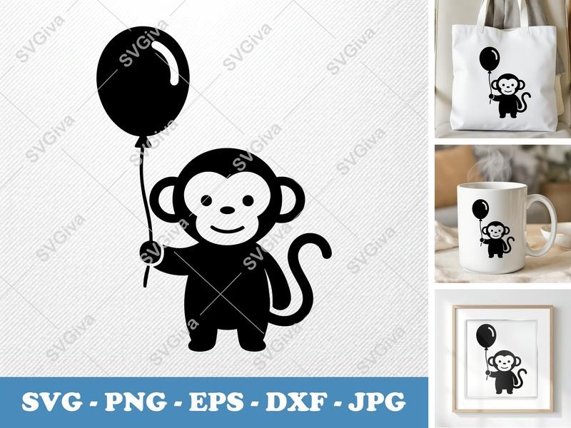 Monkey with Balloon SVG | Puffy Inflated Shapes | PNG DXF EPS | Cricut Silhouette Cut File