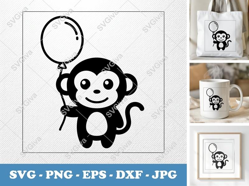 Monkey with Balloon SVG | Rounded Body, Friendly Bean-Shaped Cut File | PNG DXF EPS for Cricut & Silhouette
