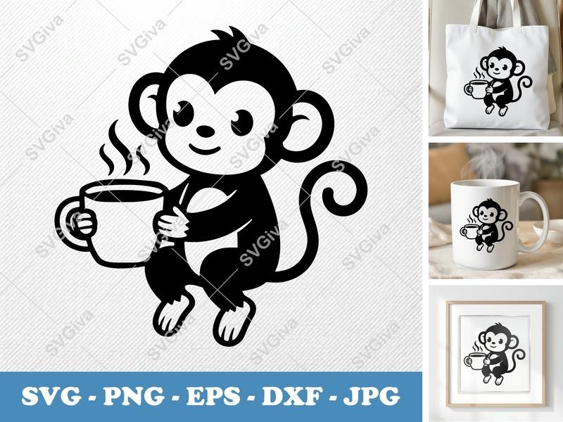 Monkey with Coffee Cup SVG | Double Outline | Thick Contour | Basic Shapes | PNG DXF EPS | Cricut Silhouette File