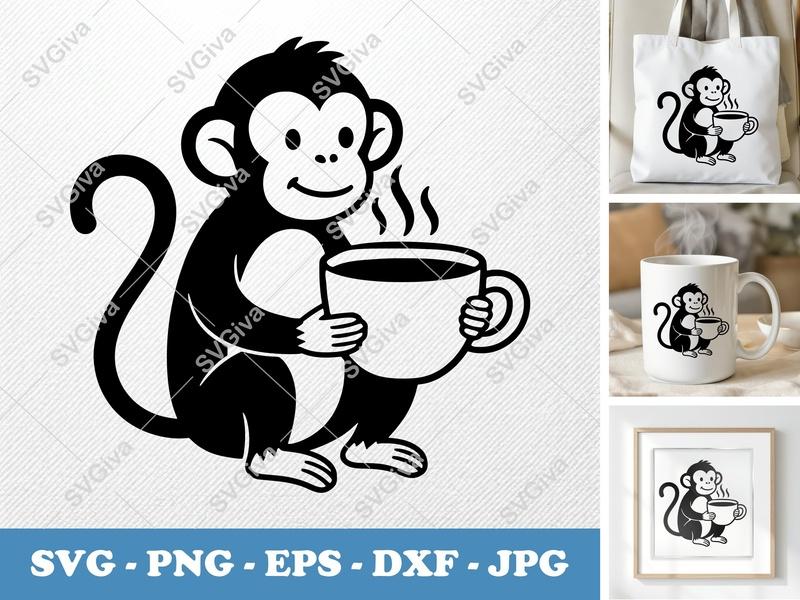 Monkey with Coffee Cup SVG | Minimalist Character Design | Bold Contour PNG DXF EPS | Cricut Silhouette | Coffee Lover