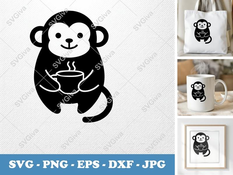 Monkey with Coffee Cup SVG PNG DXF EPS | Coffee Lover Cricut Silhouette File | Animal Drink Vector Art