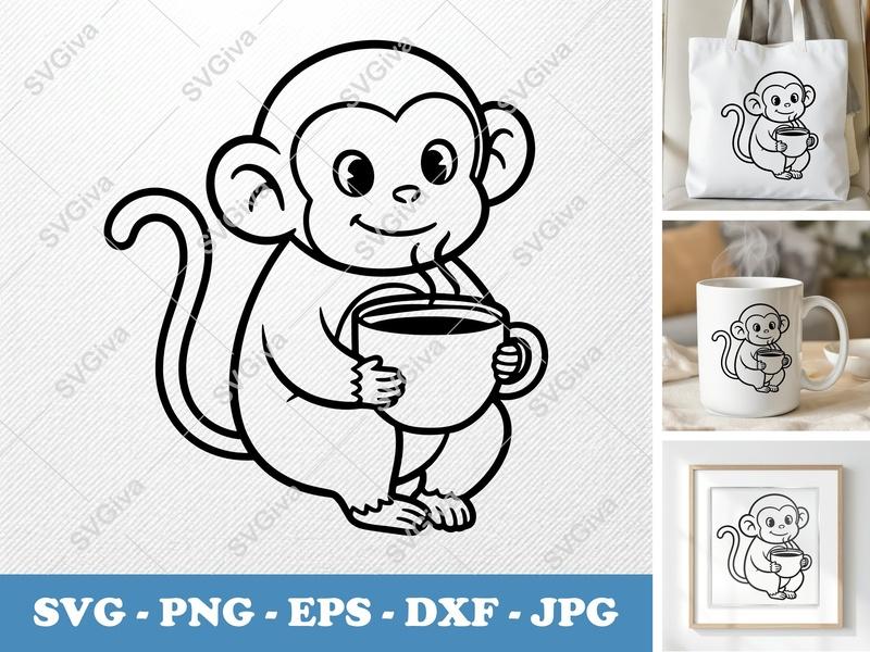 Monkey with Coffee Cup SVG | Rounded Bean-Shaped Cut File | PNG DXF EPS for Cricut Silhouette