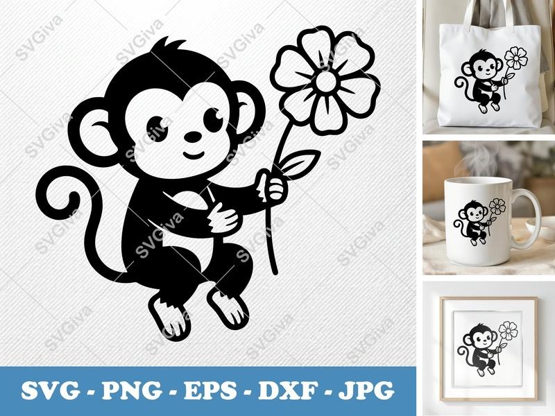 Monkey with Flower SVG | Double-Outline Minimalist Design | Thick Contour, Thin Lines | PNG DXF EPS | Cricut Silhouette File