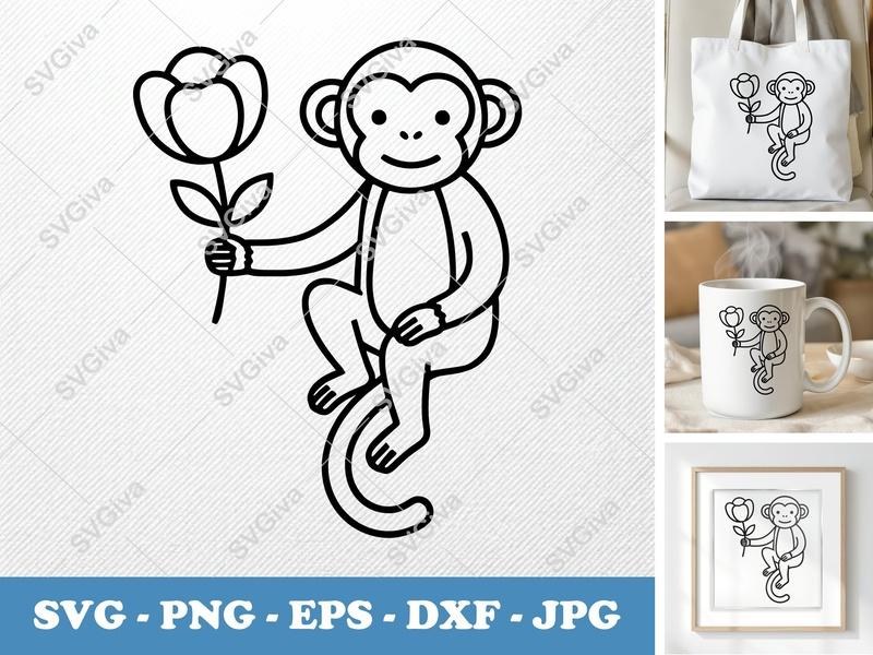 Monkey with Flower SVG | Modern Clean Line Art PNG EPS DXF | Cricut Silhouette Cut File | Animal Clipart | Kids Craft