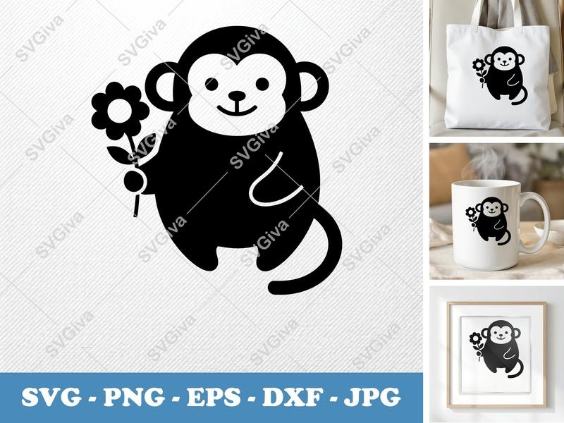 Monkey with Flower SVG PNG DXF EPS | Cute Animal Cut File Cricut Silhouette Vector