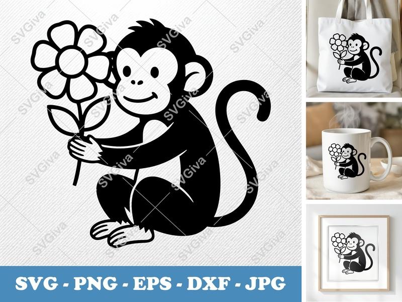 Monkey with Flower SVG | Simple Character Outline | Bold Contour Cut File | PNG DXF EPS | Cricut Silhouette Ready