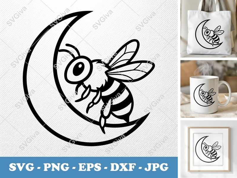 Moon Bee SVG, Outline Design for Cricut | Simple Character PNG, DXF, EPS Cut File for Silhouette