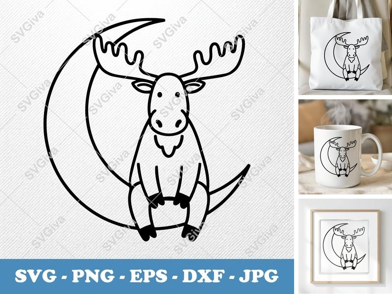 Moonlit Moose SVG, PNG, DXF, EPS for Cricut & Silhouette | Celestial Animal Cut File | Digital Vector Art