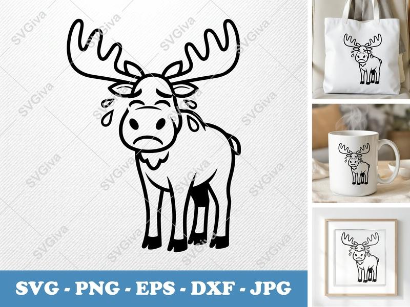 Moose Crying SVG, Sad Animal PNG, EPS, DXF | Outline Clipart for Cricut, Silhouette | Cute Whimsical Cut File