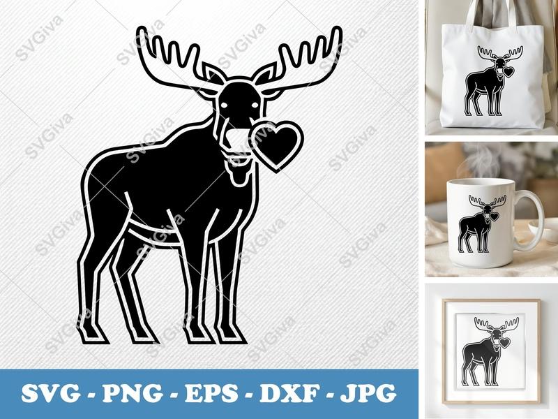 Moose Holding Heart SVG, Double-Outline Art, Minimalist Basic Shapes, PNG DXF EPS | Cricut Silhouette File