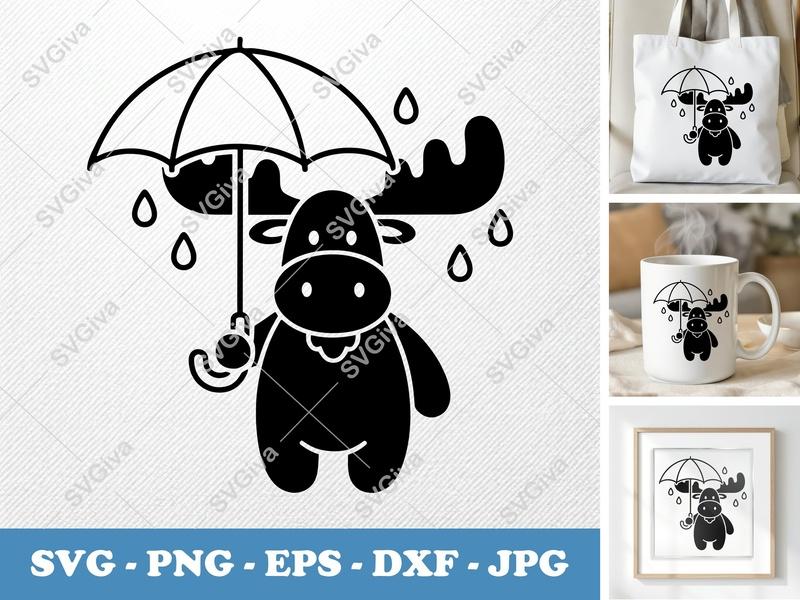 Moose Holding Umbrella SVG | Puffy Cartoon Design | PNG, DXF, EPS | Cricut, Silhouette | Soft Animal Cut File