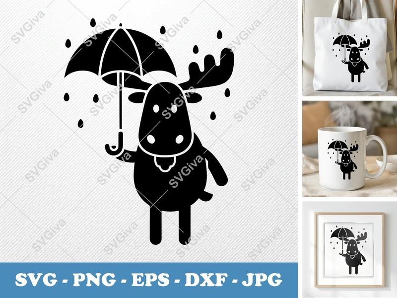 Moose Holding Umbrella SVG | Puffy Soft Forms PNG DXF EPS | Cricut Silhouette Cut File | Pillow-Soft Moose Design