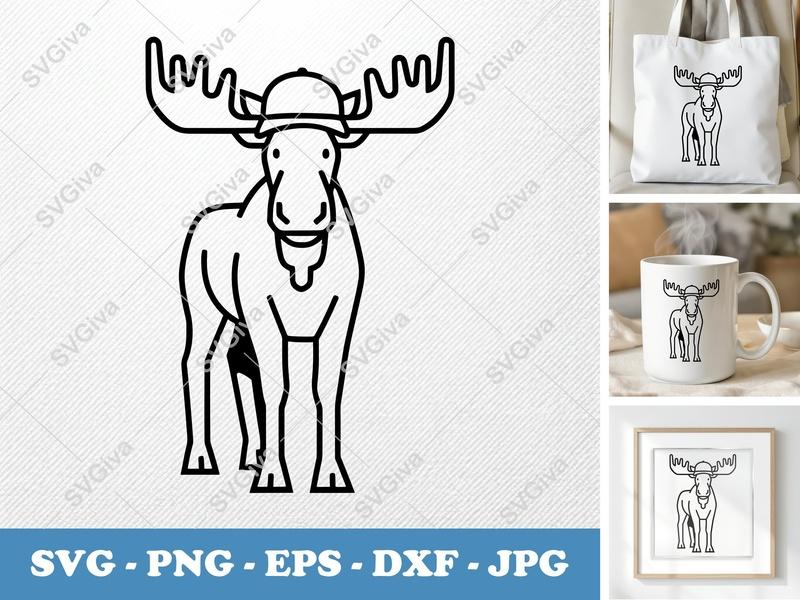Moose in a Cap SVG | Double-Outline Minimalist Cut File | Thick Contour Thin Line | PNG DXF EPS | Cricut Silhouette