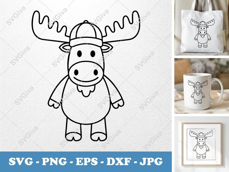 Moose in a Cap SVG | Friendly Rounded Cartoon Cut File | PNG DXF EPS | Cricut Silhouette Design