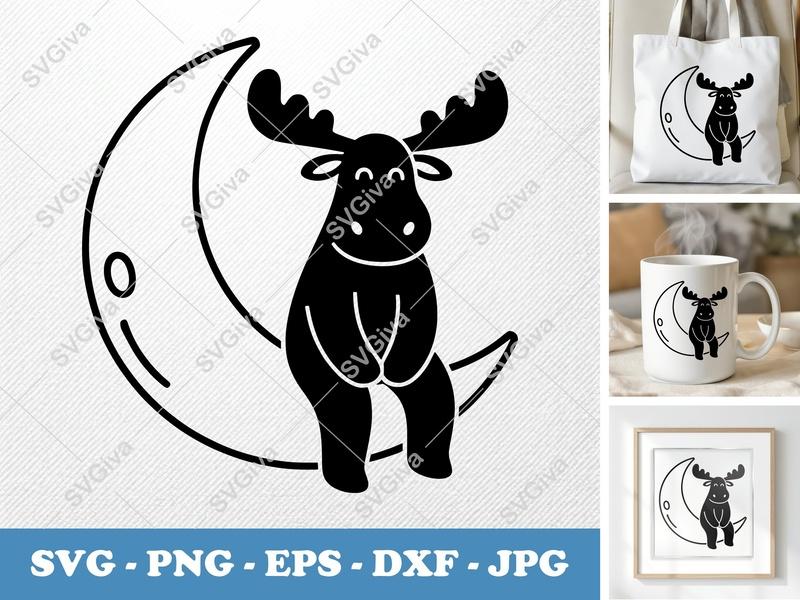 Moose on Moon SVG, Cute Animal PNG, EPS, DXF | Nursery Decor Cut File for Cricut, Silhouette