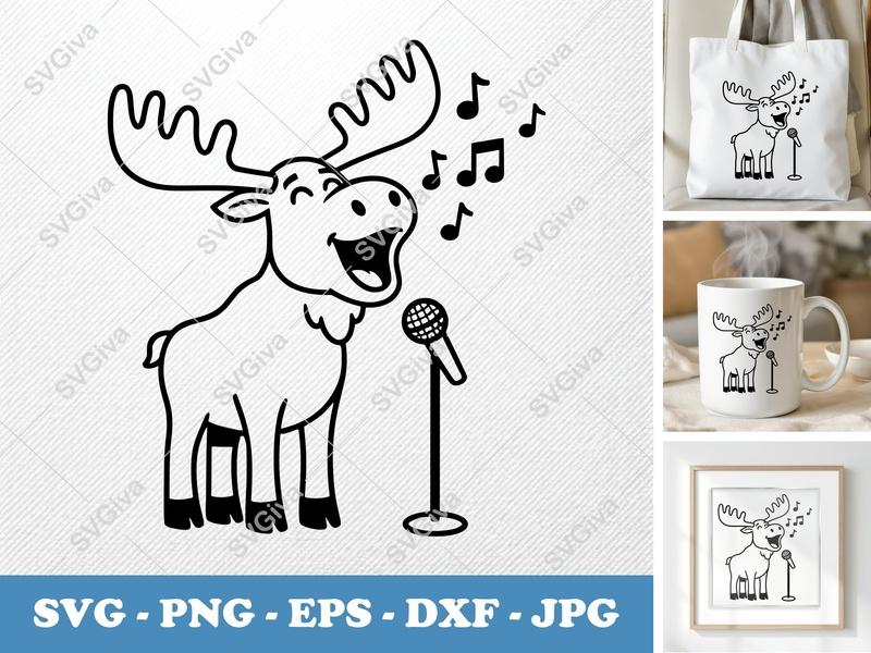 Moose Singing SVG, PNG, EPS, DXF | Cartoon Moose with Microphone | Music Notes Cricut Silhouette Cut File | Animal Clipart Design