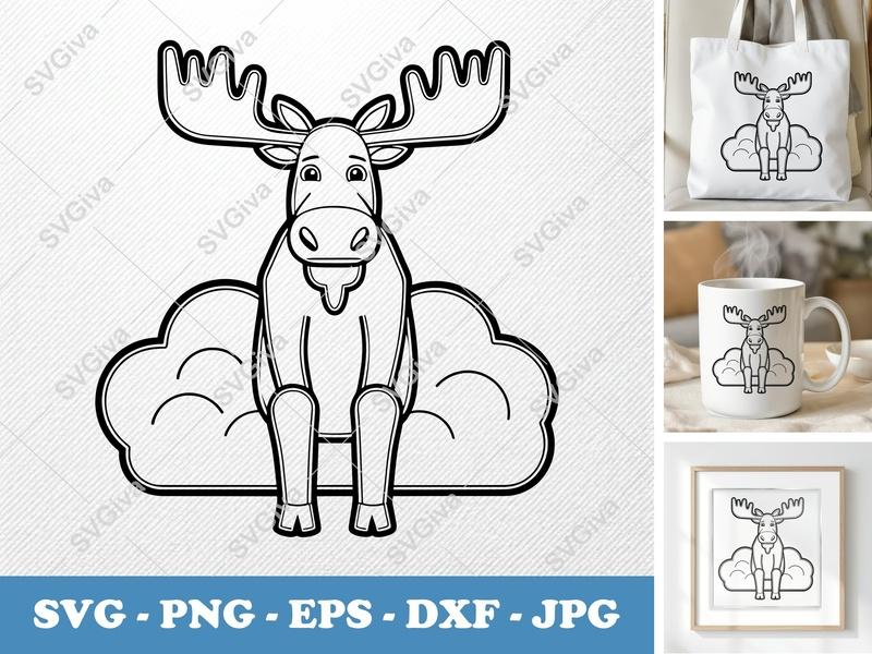 Moose Sitting on a Cloud SVG PNG DXF EPS | Cricut Silhouette Cut File Animal
