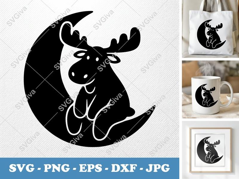 Moose Sitting on Moon SVG PNG DXF EPS | Cricut Silhouette Cut File Animal Design