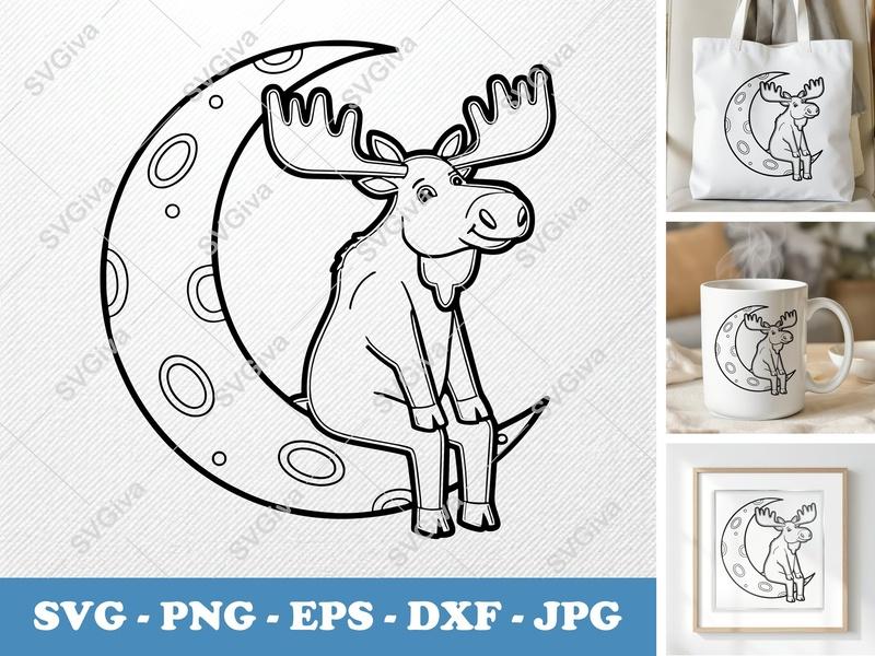 Moose Sitting on Moon SVG PNG DXF EPS | Cricut Silhouette Cut File Vector