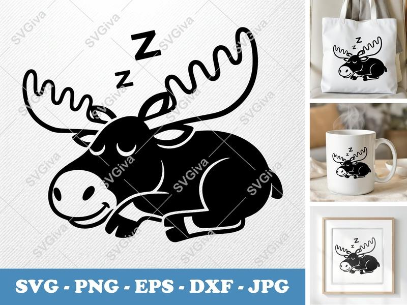 Moose Sleeping SVG | Cartoon Minimalist Design | PNG DXF EPS | Cricut Silhouette Cut File | Forest Animal Vector