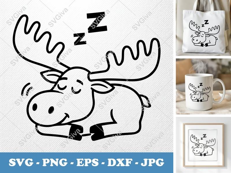 Moose Sleeping SVG | Cute Animal Clipart, Wild Forest Design, Napping Moose SVG, PNG, EPS, DXF for Cricut & Silhouette