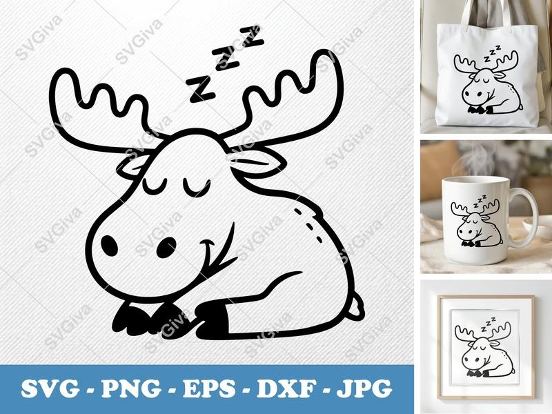 Moose Sleeping SVG | Cute Cartoon Animal Cut File, Zzz PNG EPS DXF for Cricut, Silhouette, Nursery Decor