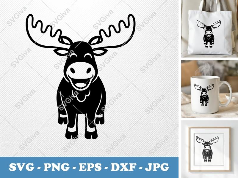 Moose Smiling Happily SVG | Bold Black Outline Minimalist Cut File | PNG DXF EPS | Cricut Silhouette Design