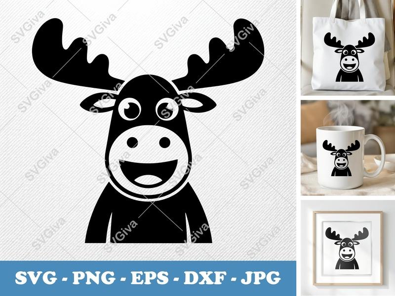 Moose Smiling Happily SVG PNG DXF EPS | Cricut Silhouette Cut File Animal Vector Art
