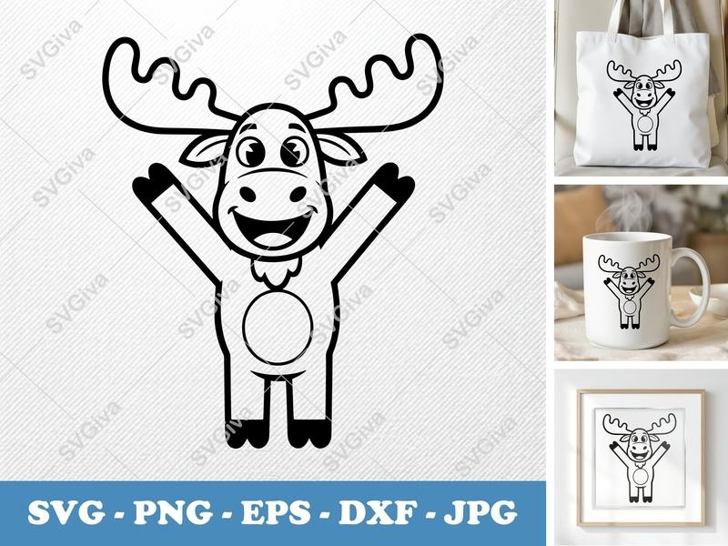 Moose SVG, Cartoon Moose Clipart, Happy Moose Cut File, Animal PNG, EPS, DXF for Cricut & Silhouette