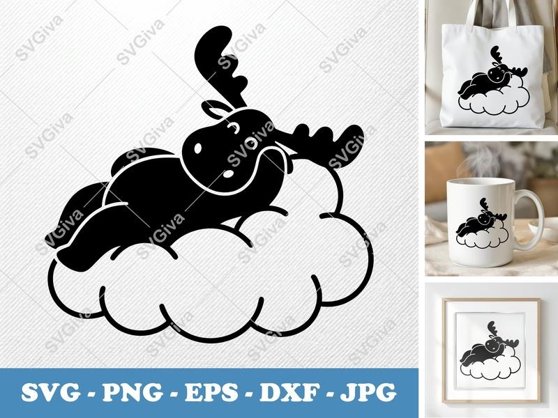 Moose SVG Cloud Cut File, Cute Reindeer Animal Relaxing | PNG EPS DXF | Cricut Silhouette | Cartoon Outline