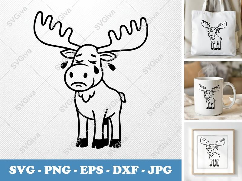 Moose SVG Crying Sad Kawaii, PNG EPS DXF Cut File for Cricut Silhouette, Cute Animal Cartoon Clipart