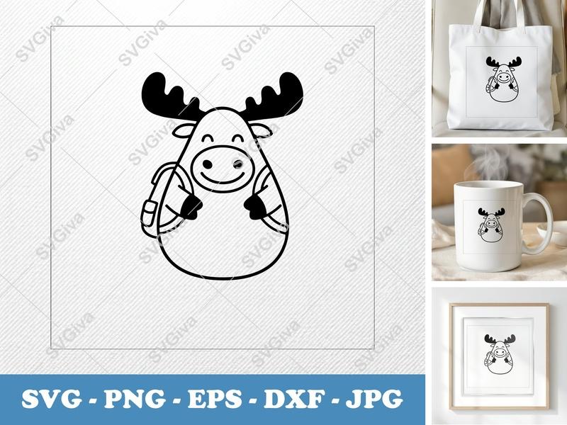 Moose SVG, Cute Backpack Moose, Cartoon Animal Outline, PNG EPS DXF | Cricut Silhouette Cut File