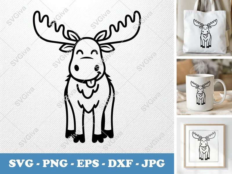 Moose SVG, Cute Cartoon Animal PNG EPS DXF, Simple Line Art, Cricut Silhouette Cut File, Kids Craft Design