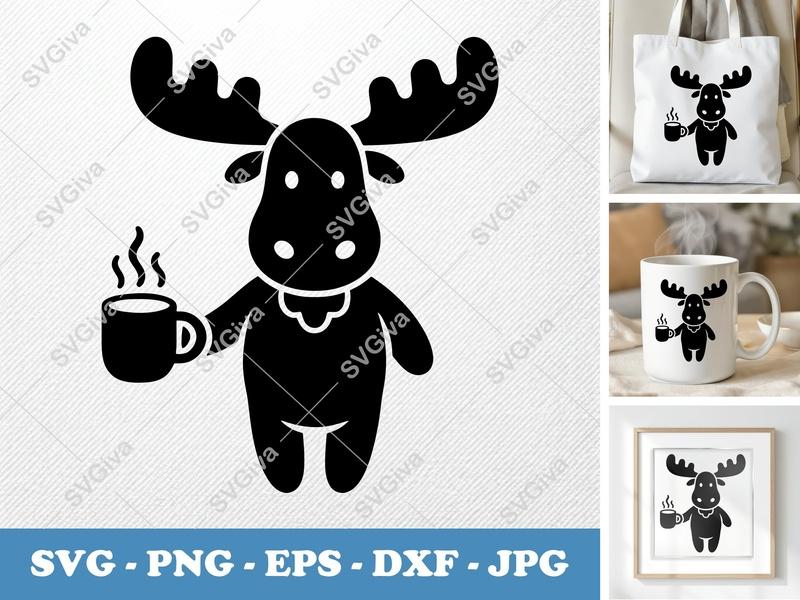 Moose SVG | Cute Cartoon Moose with Coffee Mug | PNG EPS DXF | Cricut Silhouette File | Animal Decal Design