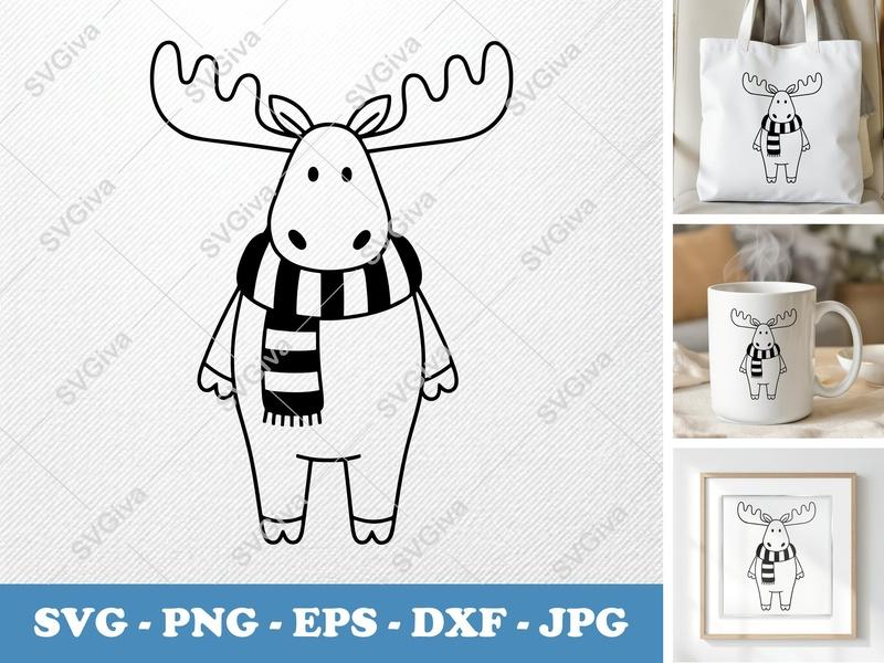 Moose SVG, Cute Cartoon Moose with Scarf, Christmas Animal PNG EPS DXF | Cricut Silhouette File