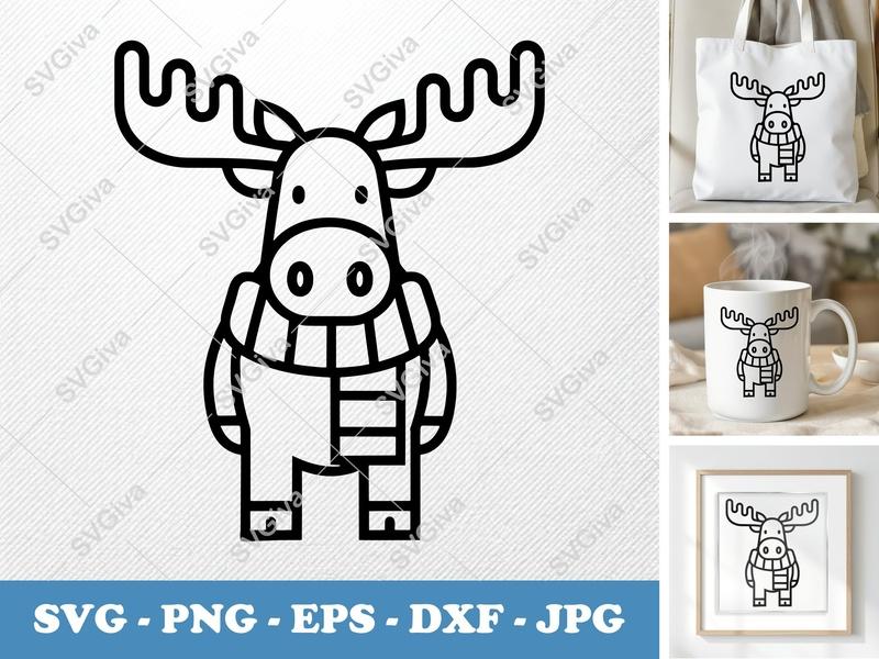 Moose SVG, Cute Scarf Modern Winter Animal PNG EPS DXF | Cricut Silhouette Cut File