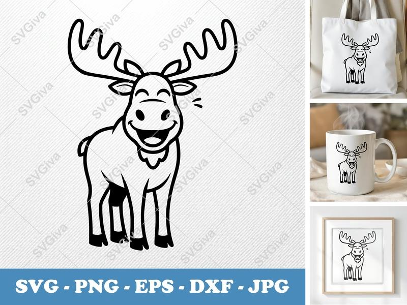 Moose SVG, Happy Cartoon Moose, Funny Antlers, Moose Cut File | PNG, EPS, DXF for Cricut, Silhouette, Vinyl Decal