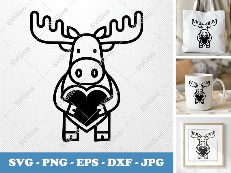 Moose SVG, Heart Moose Modern Clean Design, PNG EPS DXF for Cricut Silhouette, Animal Love