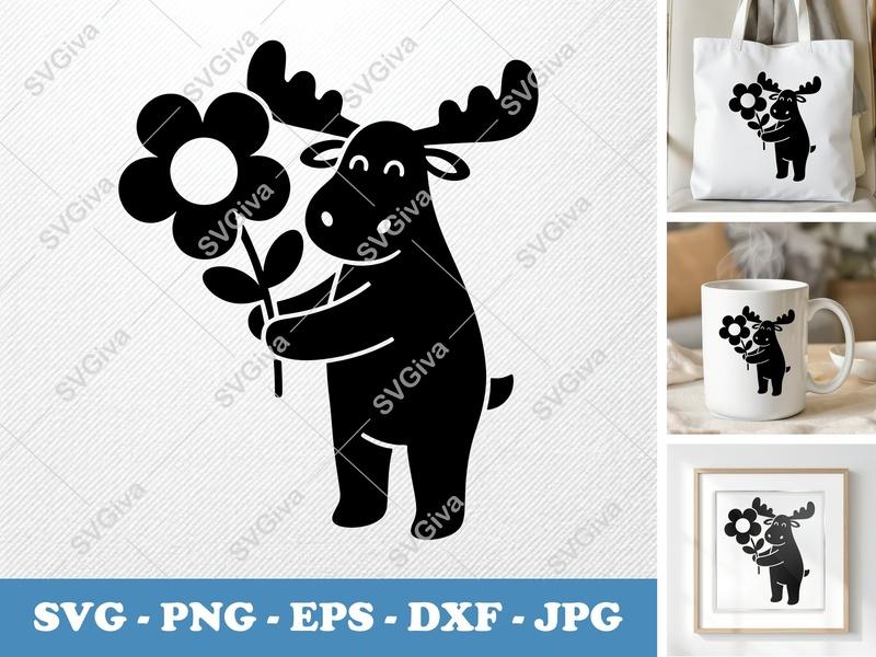 Moose SVG holding flower | Cute Animal PNG EPS DXF | Cricut Silhouette File | Modern Cartoon Clipart