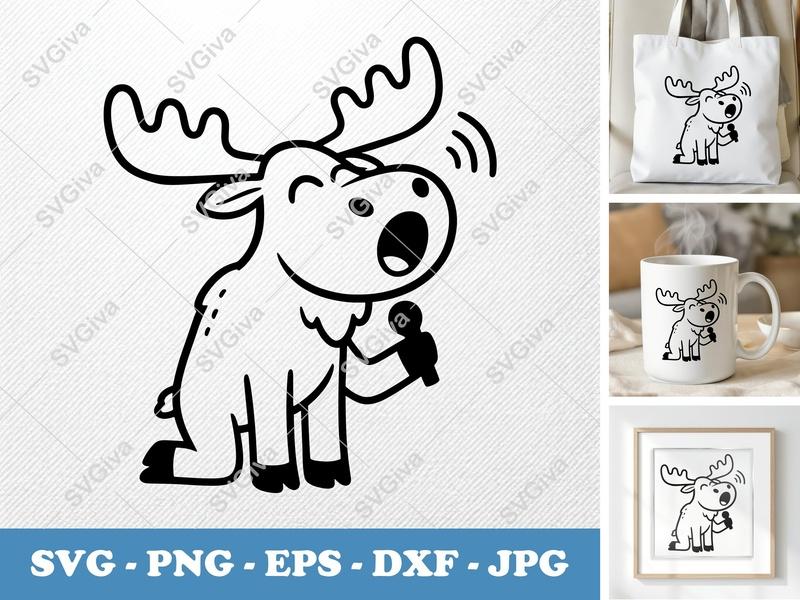 Moose SVG, Singing Moose PNG, Karaoke Moose EPS, Funny Animal DXF | Cricut Silhouette Cut File, Modern Cartoon Clipart