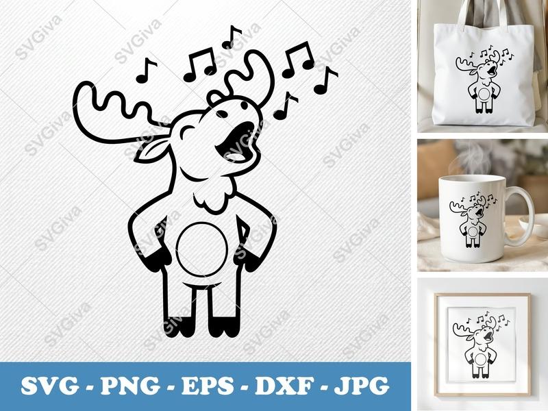 Moose SVG Singing Music Notes, Cartoon Moose Cut File | PNG EPS DXF | Cricut Silhouette File, Animal Clipart