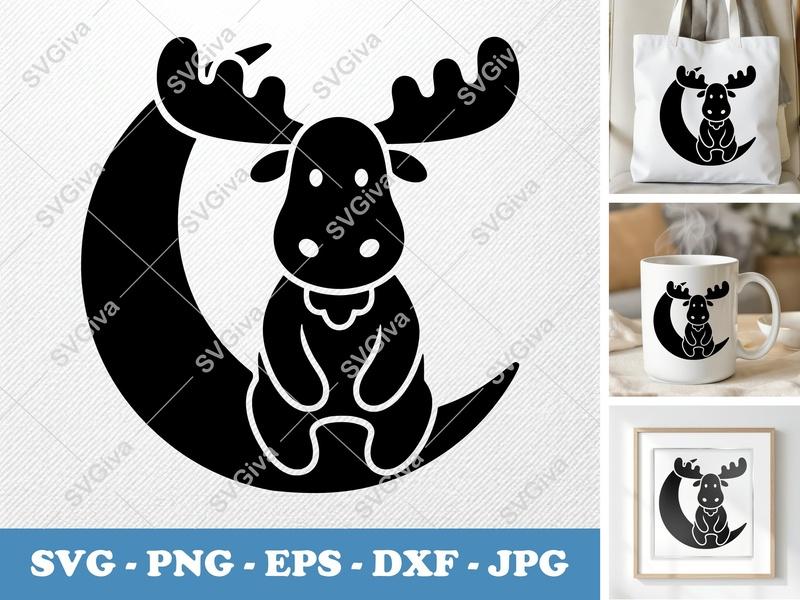 Moose SVG | Sitting on Moon | Puffy Soft Shapes | Inflated Pillow Style | PNG DXF EPS | Cricut Silhouette File